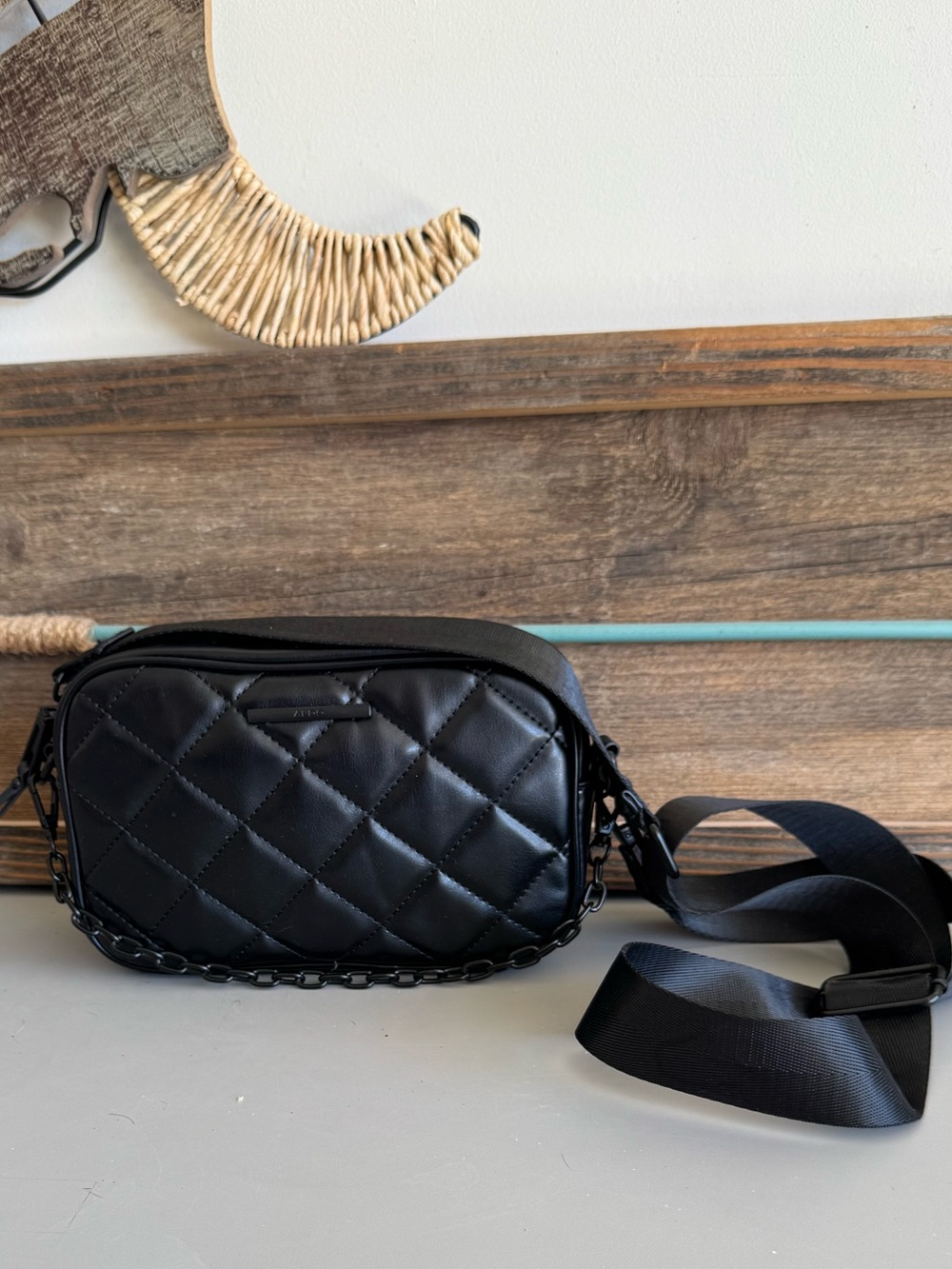 Aldo Black Quilted Crossbody Bag with Chain Detail